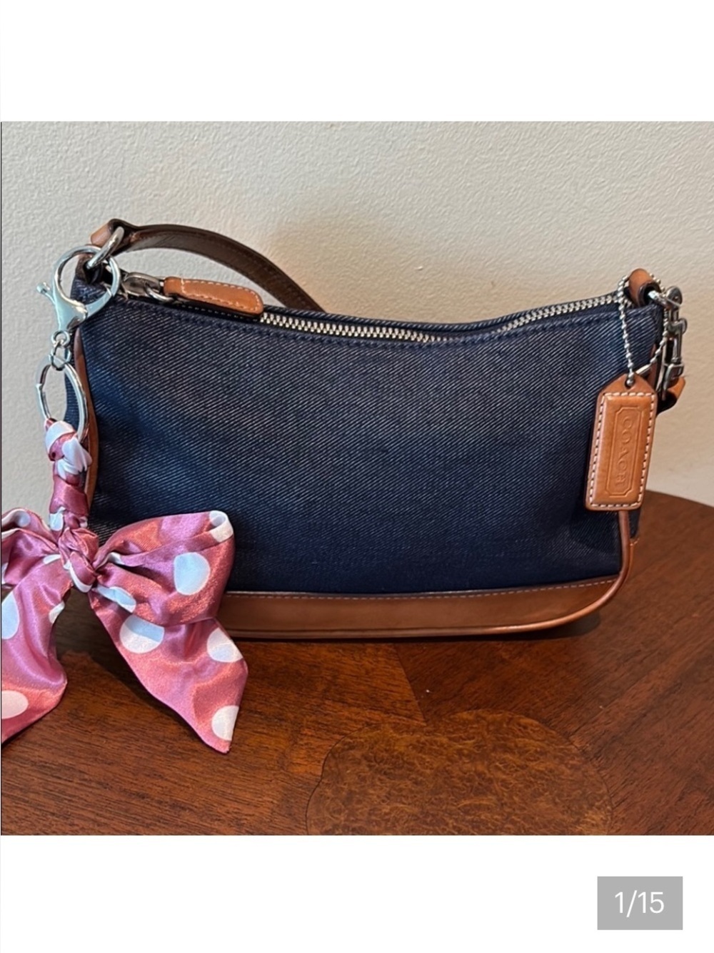 Coach  vintage Y2K  denim mini bag  7694 light brown leather trim satchel
EVC